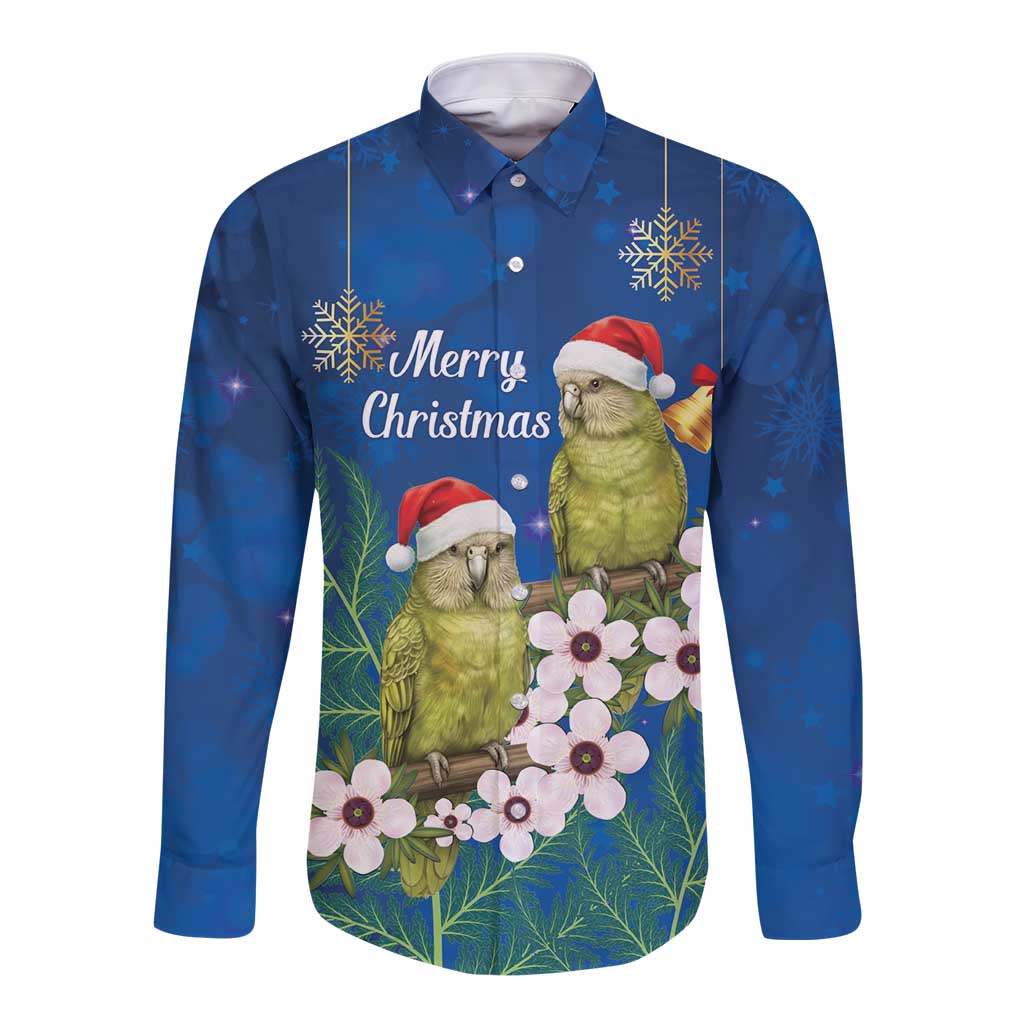 New Zealand Kakapo Christmas Long Sleeve Button Shirt Owl Parrot Santa Sliver Fern Manuka - Blue - Aussie Hoodie