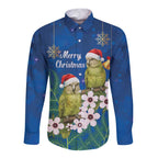 New Zealand Kakapo Christmas Long Sleeve Button Shirt Owl Parrot Santa Sliver Fern Manuka - Blue - Aussie Hoodie