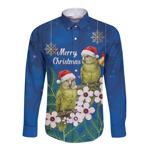 New Zealand Kakapo Christmas Long Sleeve Button Shirt Owl Parrot Santa Sliver Fern Manuka - Blue - Aussie Hoodie