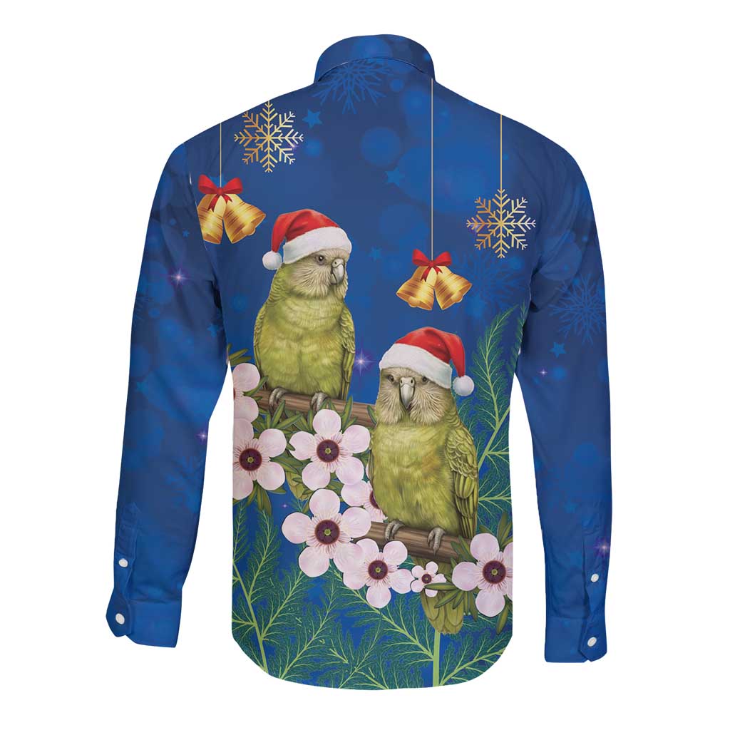 New Zealand Kakapo Christmas Long Sleeve Button Shirt Owl Parrot Santa Sliver Fern Manuka - Blue - Aussie Hoodie