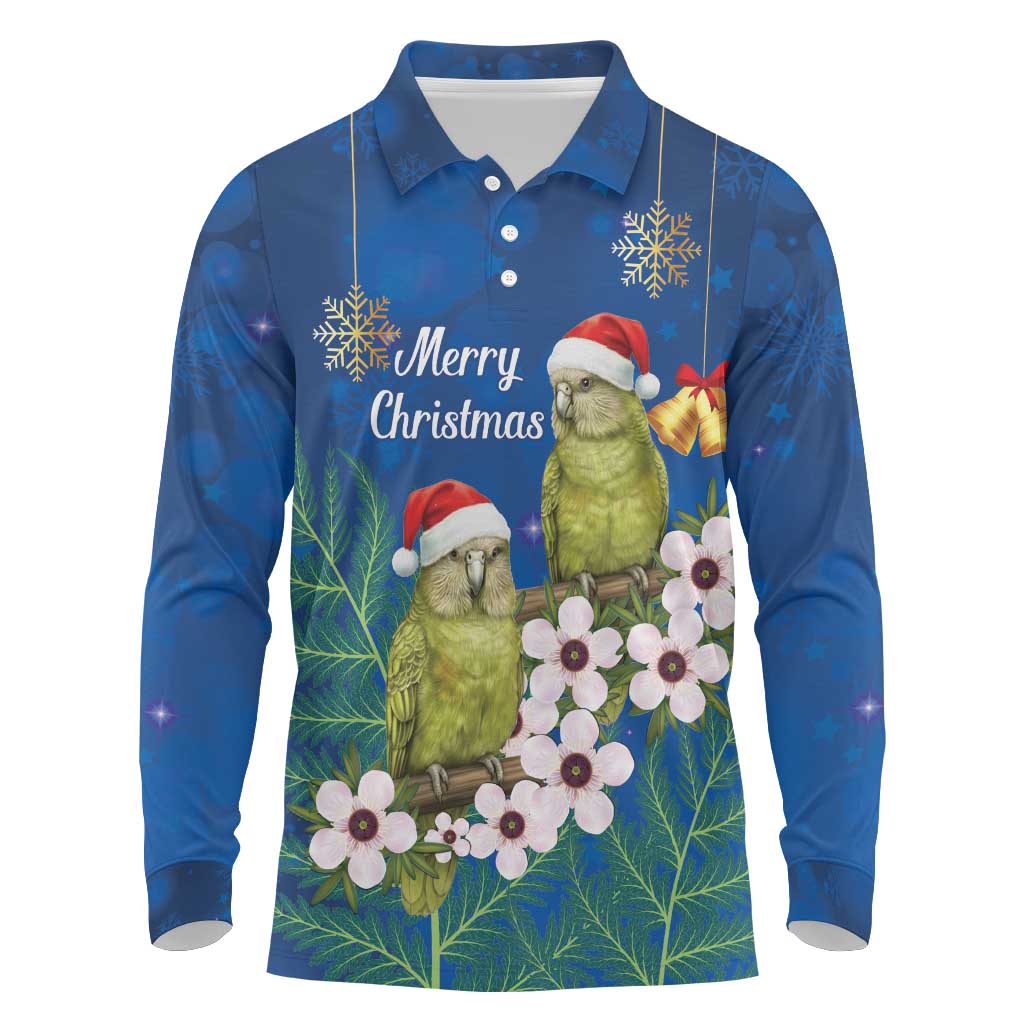 New Zealand Kakapo Christmas Long Sleeve Polo Shirt Owl Parrot Santa Sliver Fern Manuka - Blue - Aussie Hoodie