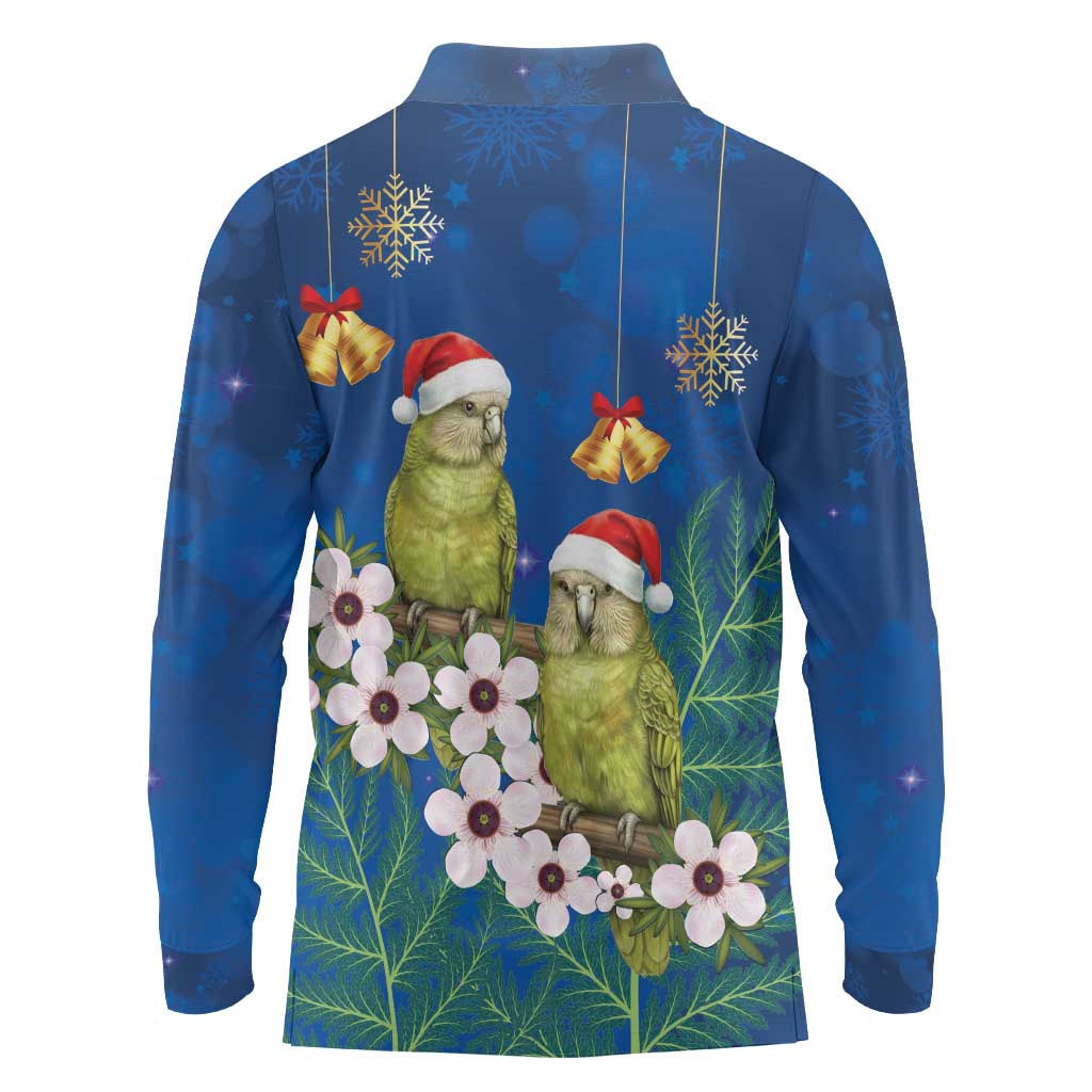 New Zealand Kakapo Christmas Long Sleeve Polo Shirt Owl Parrot Santa Sliver Fern Manuka - Blue - Aussie Hoodie