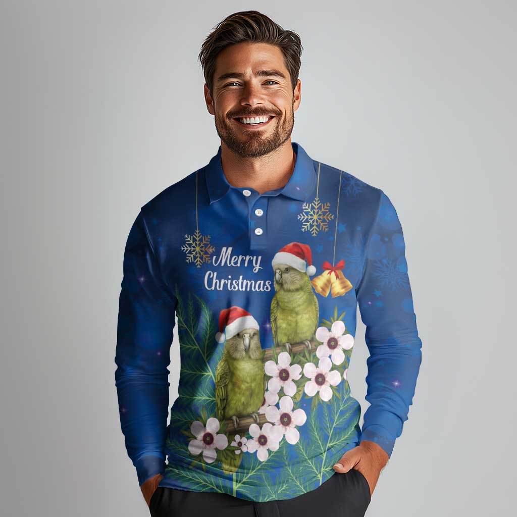 New Zealand Kakapo Christmas Long Sleeve Polo Shirt Owl Parrot Santa Sliver Fern Manuka - Blue - Aussie Hoodie