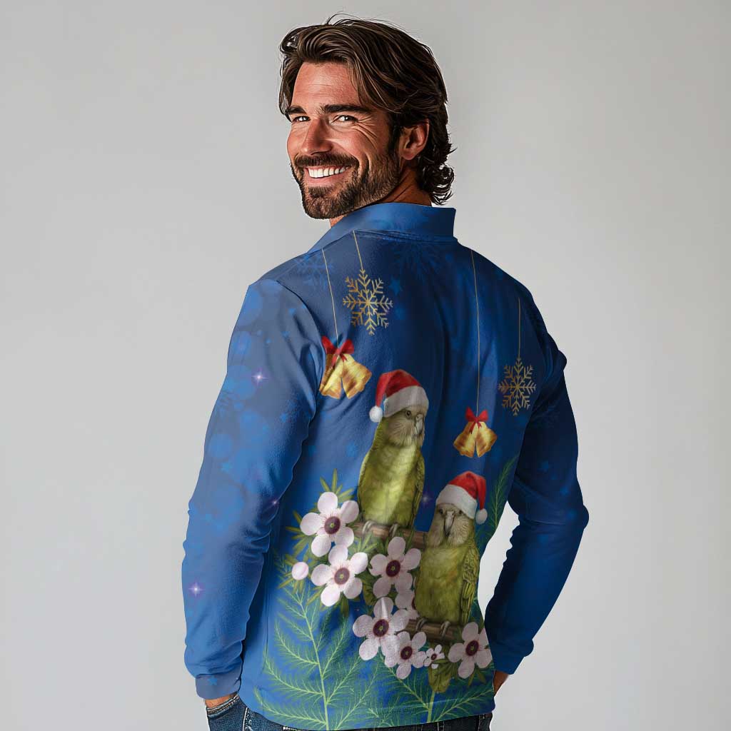 New Zealand Kakapo Christmas Long Sleeve Polo Shirt Owl Parrot Santa Sliver Fern Manuka - Blue - Aussie Hoodie
