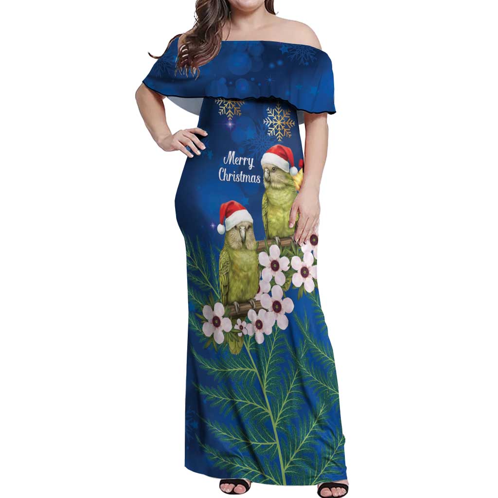 New Zealand Kakapo Christmas Off Shoulder Maxi Dress Owl Parrot Santa Sliver Fern Manuka - Blue - Aussie Hoodie