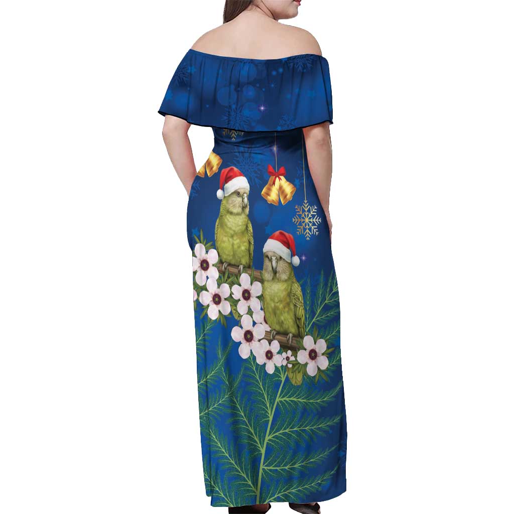 New Zealand Kakapo Christmas Off Shoulder Maxi Dress Owl Parrot Santa Sliver Fern Manuka - Blue - Aussie Hoodie