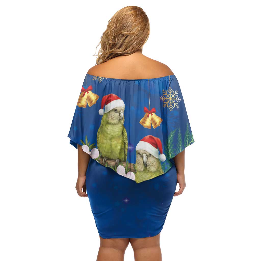 New Zealand Kakapo Christmas Off Shoulder Short Dress Owl Parrot Santa Sliver Fern Manuka - Blue - Aussie Hoodie