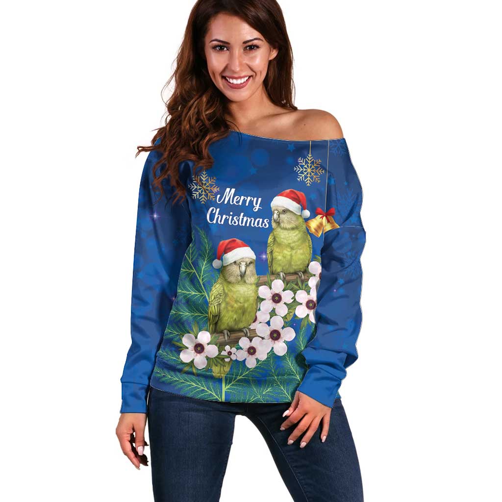 New Zealand Kakapo Christmas Off Shoulder Sweater Owl Parrot Santa Sliver Fern Manuka - Blue - Aussie Hoodie