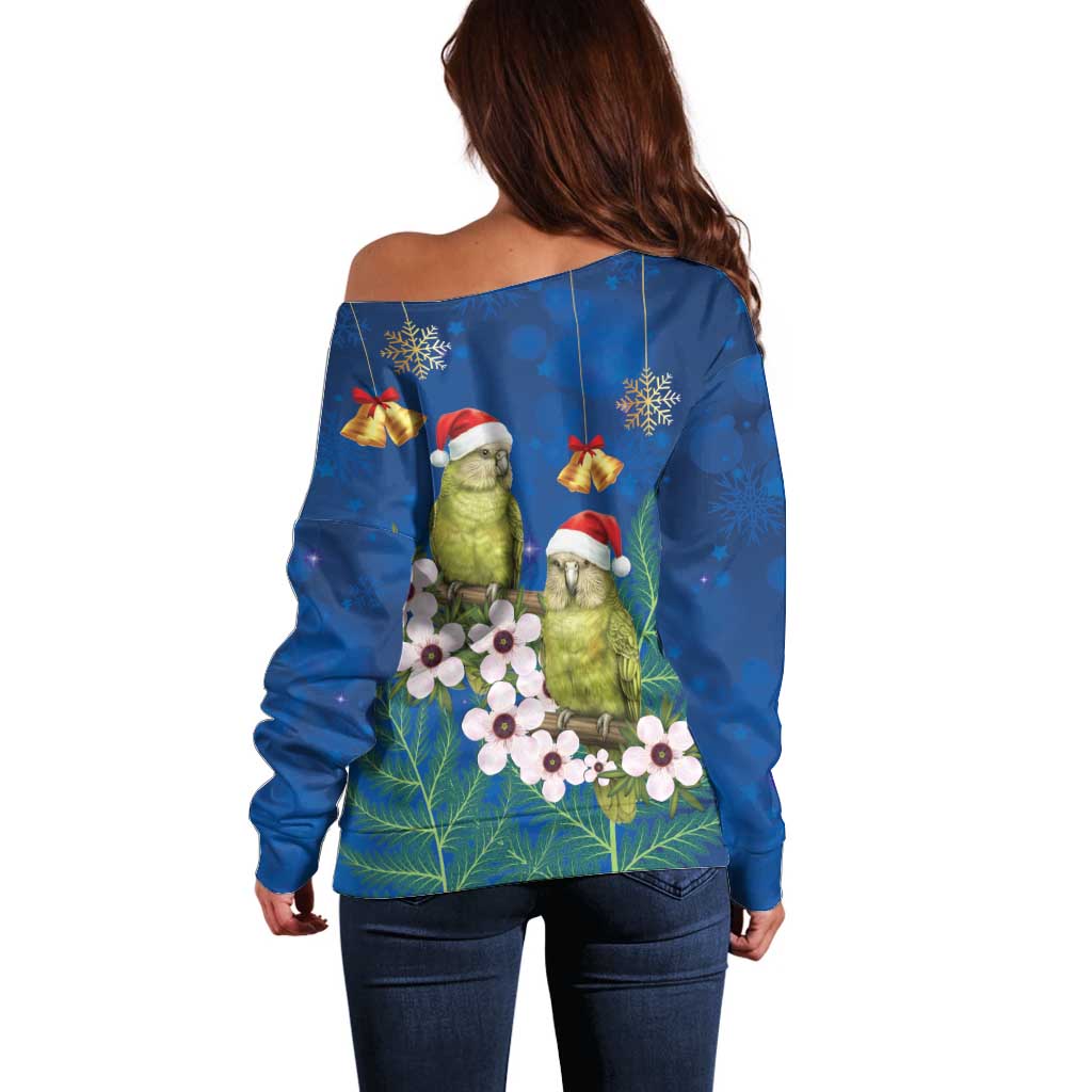 New Zealand Kakapo Christmas Off Shoulder Sweater Owl Parrot Santa Sliver Fern Manuka - Blue - Aussie Hoodie