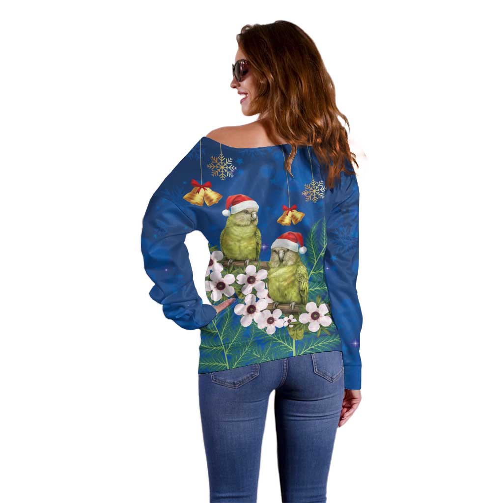 New Zealand Kakapo Christmas Off Shoulder Sweater Owl Parrot Santa Sliver Fern Manuka - Blue - Aussie Hoodie