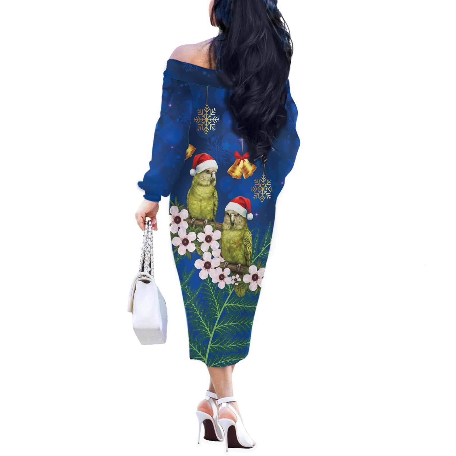 New Zealand Kakapo Christmas Off The Shoulder Long Sleeve Dress Owl Parrot Santa Sliver Fern Manuka - Blue - Aussie Hoodie