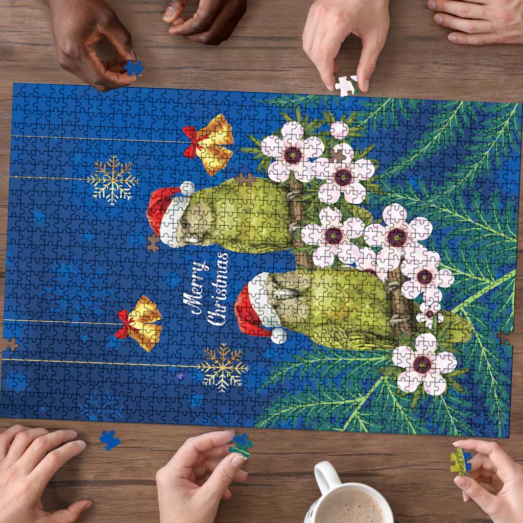 New Zealand Kakapo Christmas Puzzle Owl Parrot Santa Sliver Fern Manuka - Blue - Aussie Hoodie