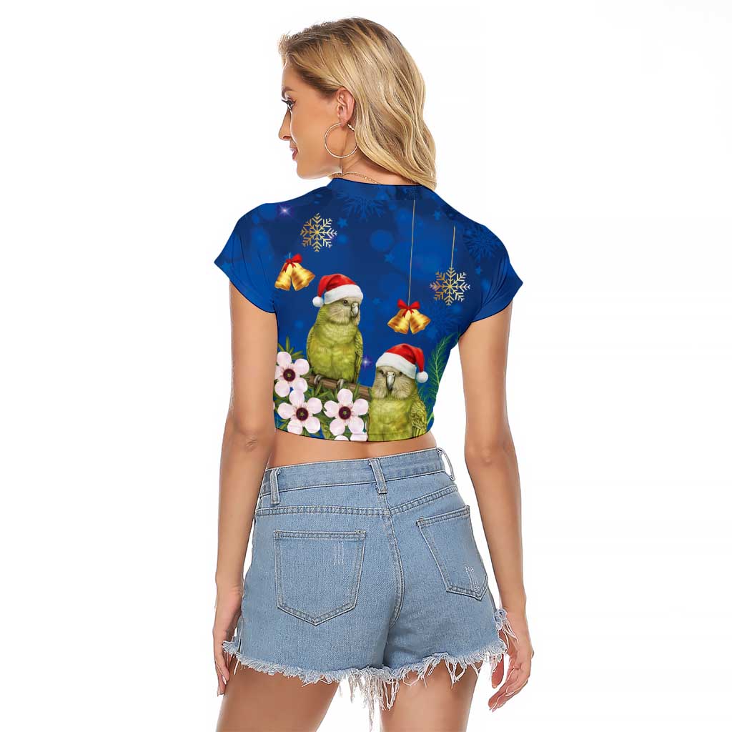 New Zealand Kakapo Christmas Raglan Cropped T Shirt Owl Parrot Santa Sliver Fern Manuka - Blue - Aussie Hoodie
