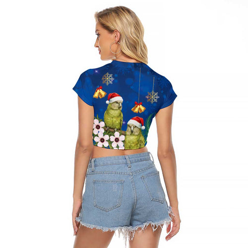 New Zealand Kakapo Christmas Raglan Cropped T Shirt Owl Parrot Santa Sliver Fern Manuka - Blue - Aussie Hoodie