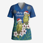 New Zealand Kakapo Christmas Scrub Top Owl Parrot Santa Sliver Fern Manuka - Blue - Aussie Hoodie