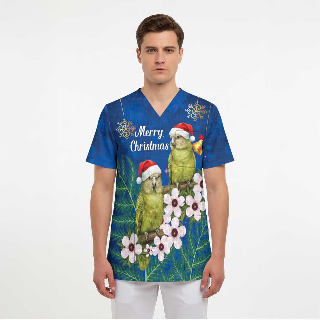 New Zealand Kakapo Christmas Scrub Top Owl Parrot Santa Sliver Fern Manuka - Blue - Aussie Hoodie