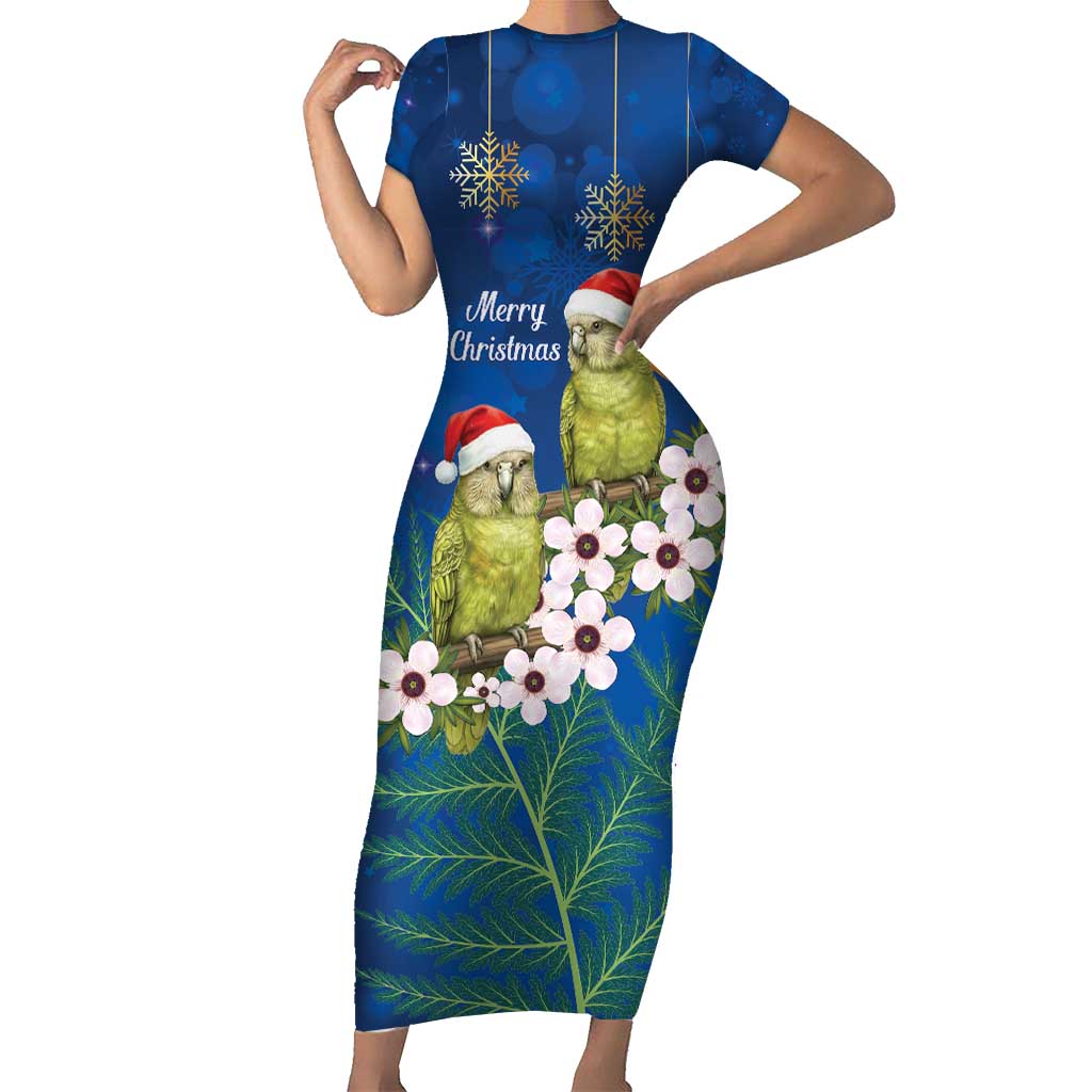 New Zealand Kakapo Christmas Short Sleeve Bodycon Dress Owl Parrot Santa Sliver Fern Manuka - Blue - Aussie Hoodie