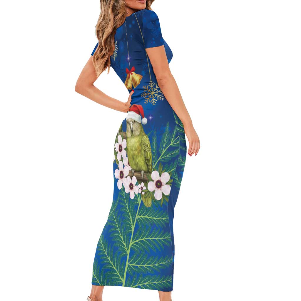 New Zealand Kakapo Christmas Short Sleeve Bodycon Dress Owl Parrot Santa Sliver Fern Manuka - Blue - Aussie Hoodie