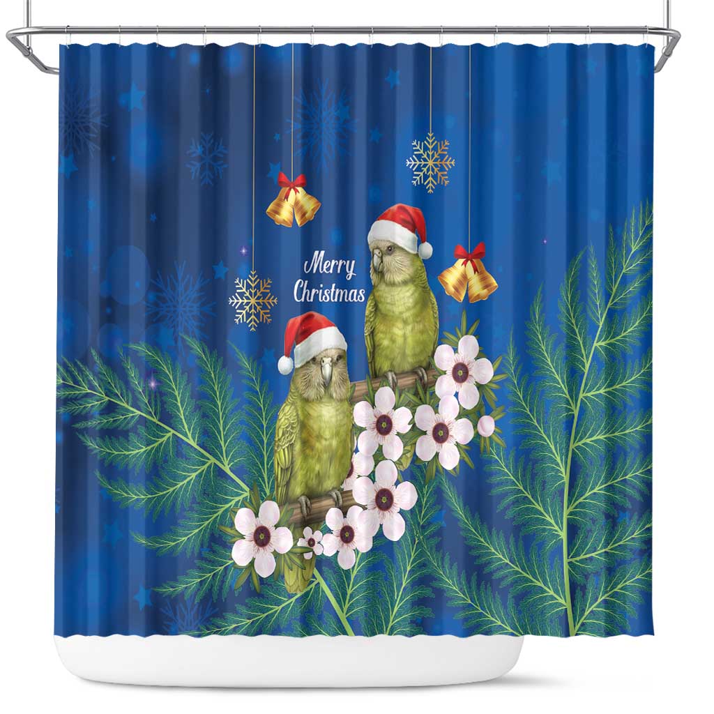 New Zealand Kakapo Christmas Shower Curtain Owl Parrot Santa Sliver Fern Manuka - Blue - Aussie Hoodie