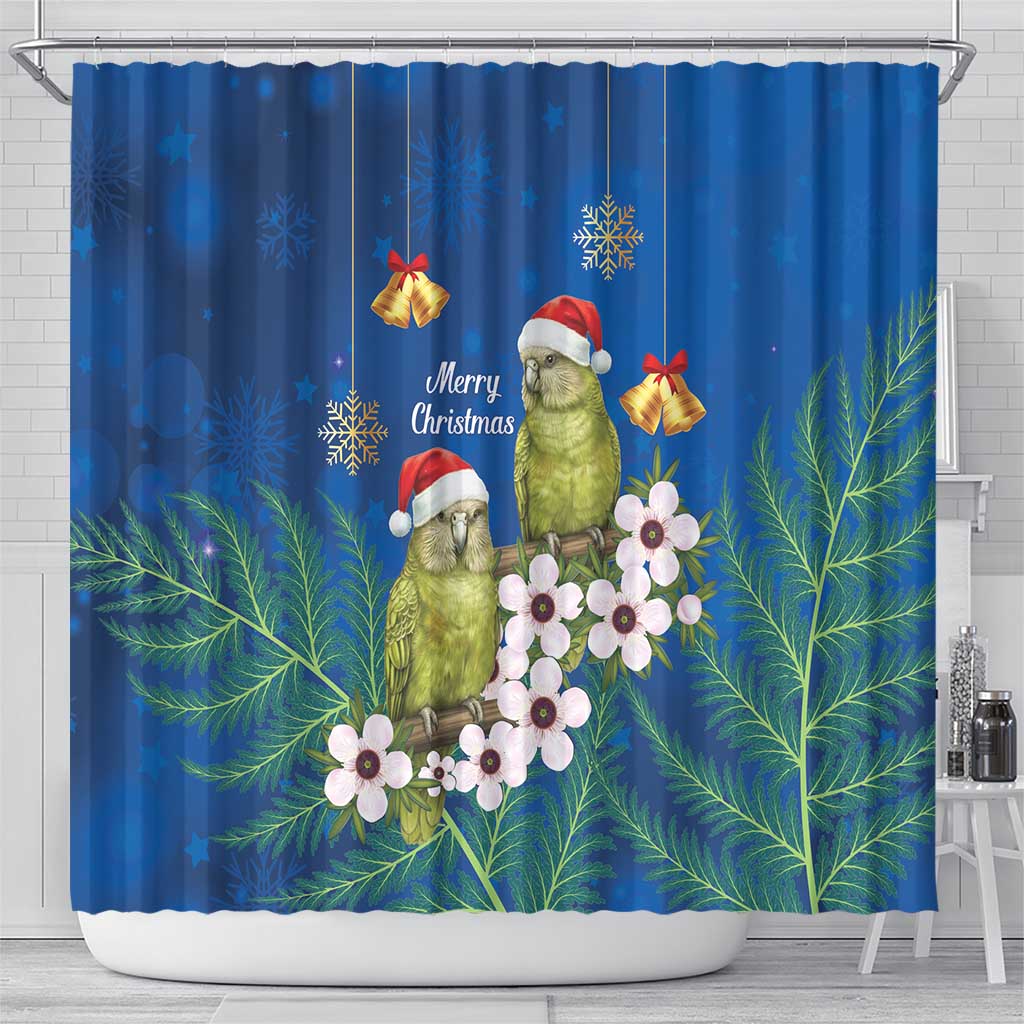 New Zealand Kakapo Christmas Shower Curtain Owl Parrot Santa Sliver Fern Manuka - Blue - Aussie Hoodie