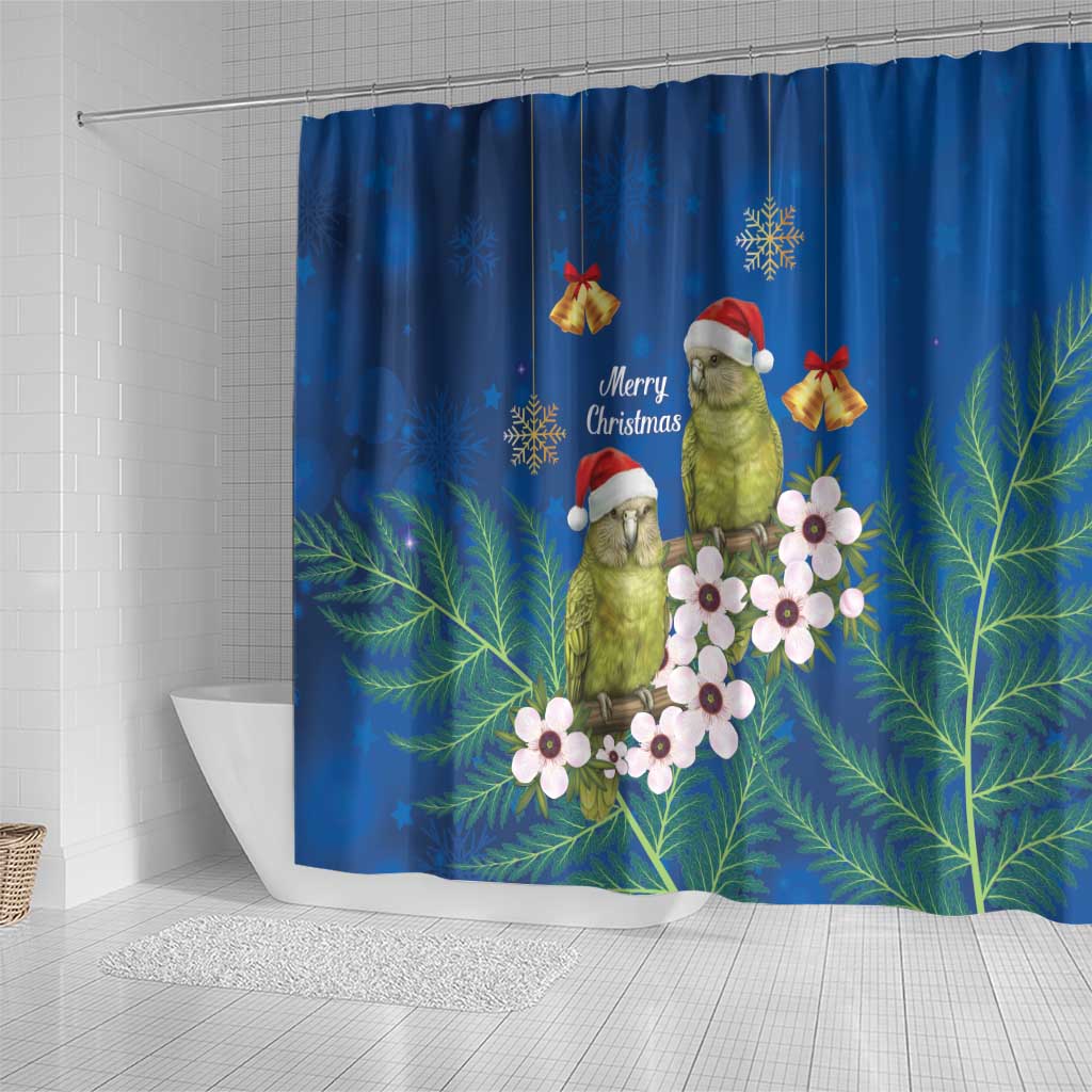 New Zealand Kakapo Christmas Shower Curtain Owl Parrot Santa Sliver Fern Manuka - Blue - Aussie Hoodie