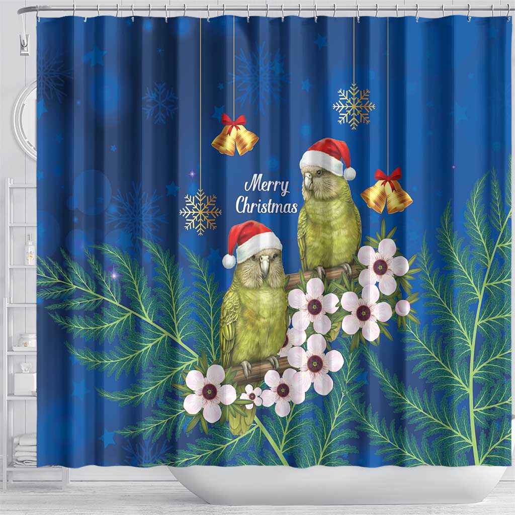 New Zealand Kakapo Christmas Shower Curtain Owl Parrot Santa Sliver Fern Manuka - Blue - Aussie Hoodie