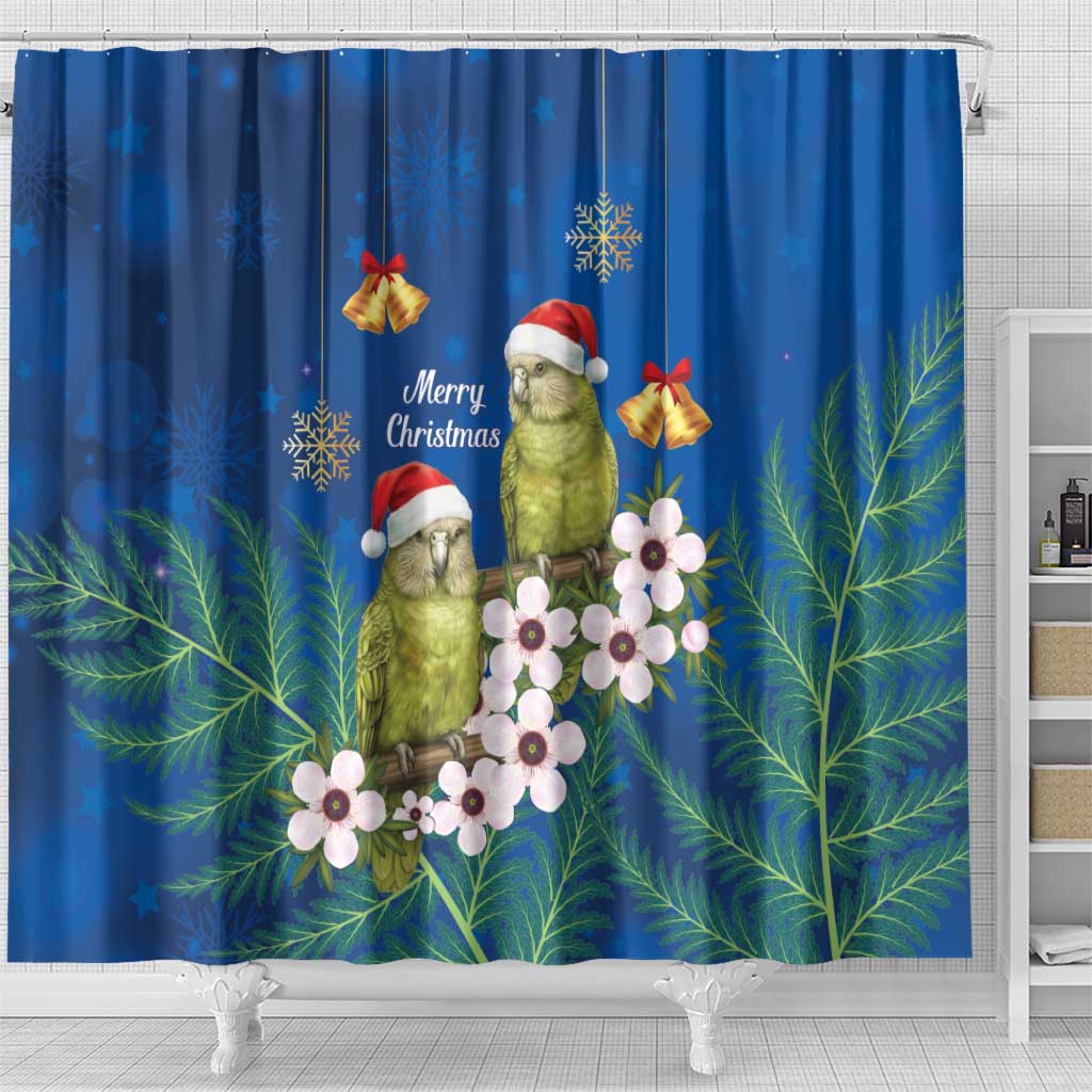 New Zealand Kakapo Christmas Shower Curtain Owl Parrot Santa Sliver Fern Manuka - Blue - Aussie Hoodie