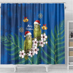 New Zealand Kakapo Christmas Shower Curtain Owl Parrot Santa Sliver Fern Manuka - Blue - Aussie Hoodie