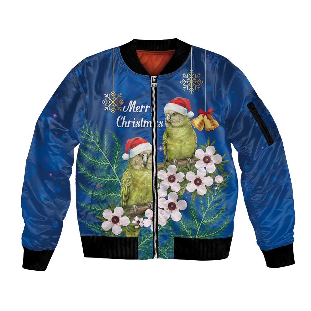New Zealand Kakapo Christmas Sleeve Zip Bomber Jacket Owl Parrot Santa Sliver Fern Manuka - Blue - Aussie Hoodie