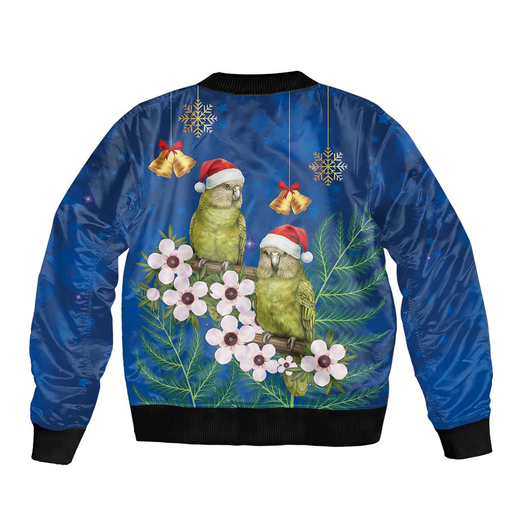 New Zealand Kakapo Christmas Sleeve Zip Bomber Jacket Owl Parrot Santa Sliver Fern Manuka - Blue - Aussie Hoodie