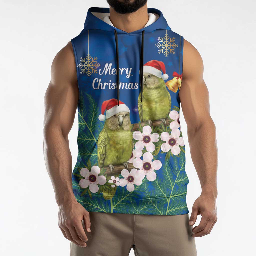 New Zealand Kakapo Christmas Sleeveless Hoodie Owl Parrot Santa Sliver Fern Manuka - Blue - Aussie Hoodie