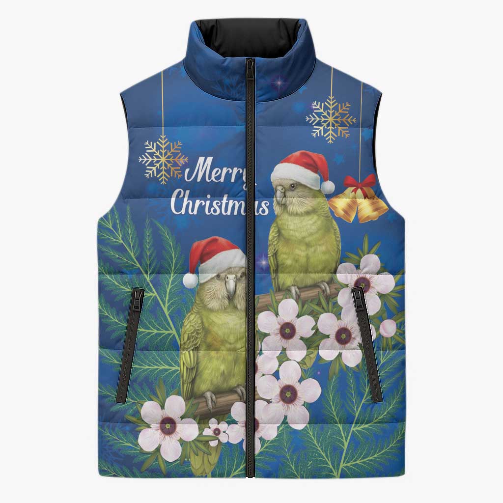 New Zealand Kakapo Christmas Sleeveless Puffer Jacket Owl Parrot Santa Sliver Fern Manuka - Blue - Aussie Hoodie