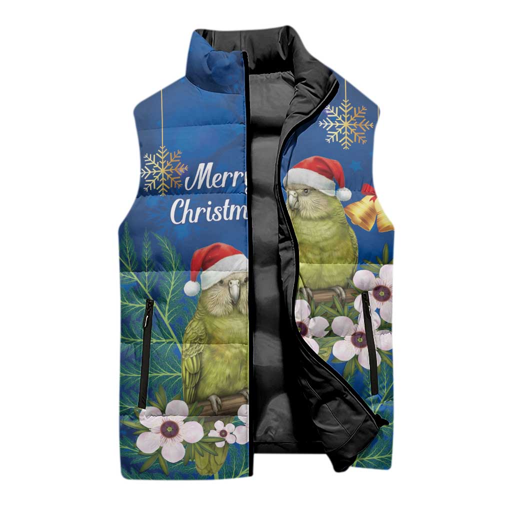 New Zealand Kakapo Christmas Sleeveless Puffer Jacket Owl Parrot Santa Sliver Fern Manuka - Blue - Aussie Hoodie