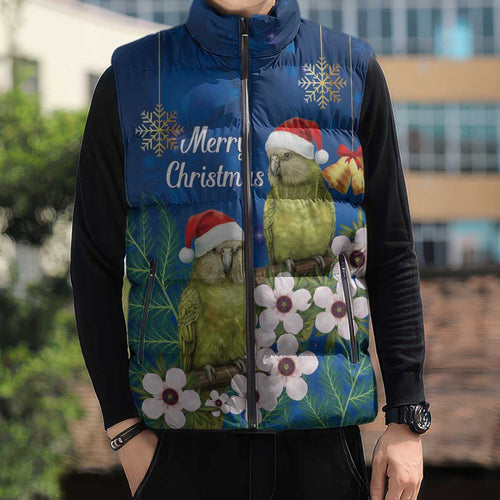 New Zealand Kakapo Christmas Sleeveless Puffer Jacket Owl Parrot Santa Sliver Fern Manuka - Blue - Aussie Hoodie