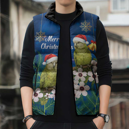 New Zealand Kakapo Christmas Sleeveless Puffer Jacket Owl Parrot Santa Sliver Fern Manuka - Blue - Aussie Hoodie