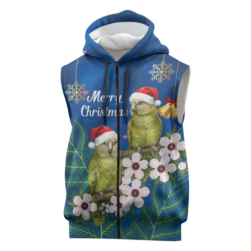 New Zealand Kakapo Christmas Sleeveless Zip Hoodie Owl Parrot Santa Sliver Fern Manuka - Blue LT14
