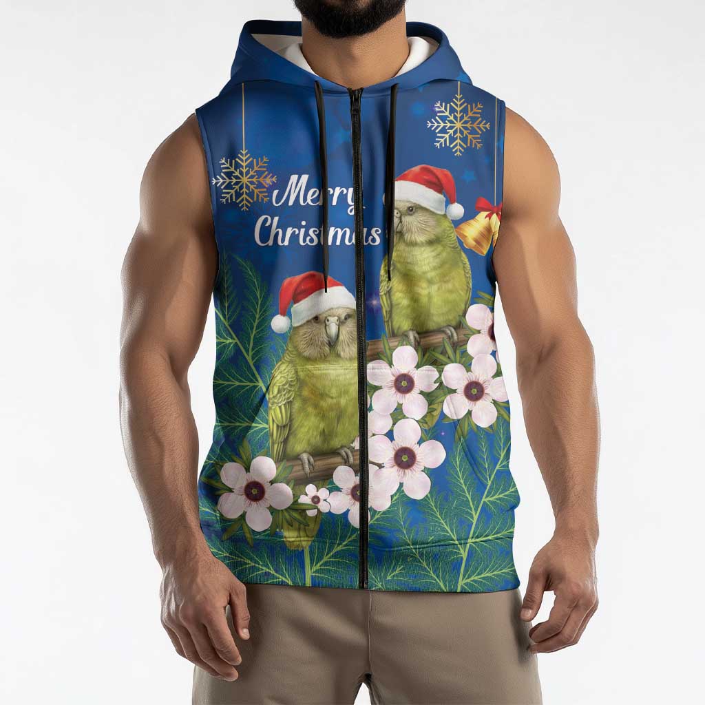 New Zealand Kakapo Christmas Sleeveless Zip Hoodie Owl Parrot Santa Sliver Fern Manuka - Blue LT14