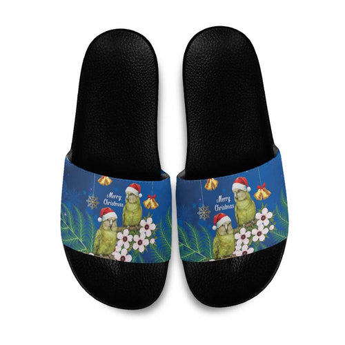 New Zealand Kakapo Christmas Slide Sandals Owl Parrot Santa Sliver Fern Manuka - Blue - Aussie Hoodie