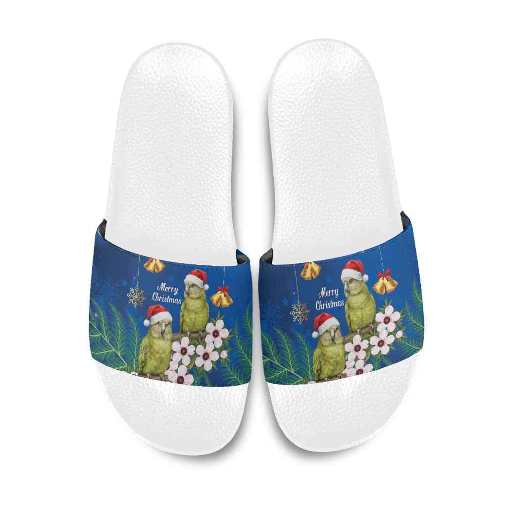 New Zealand Kakapo Christmas Slide Sandals Owl Parrot Santa Sliver Fern Manuka - Blue - Aussie Hoodie