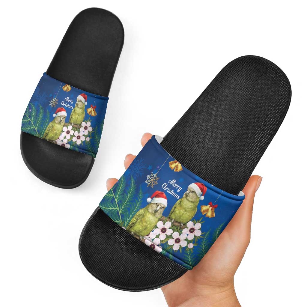 New Zealand Kakapo Christmas Slide Sandals Owl Parrot Santa Sliver Fern Manuka - Blue - Aussie Hoodie