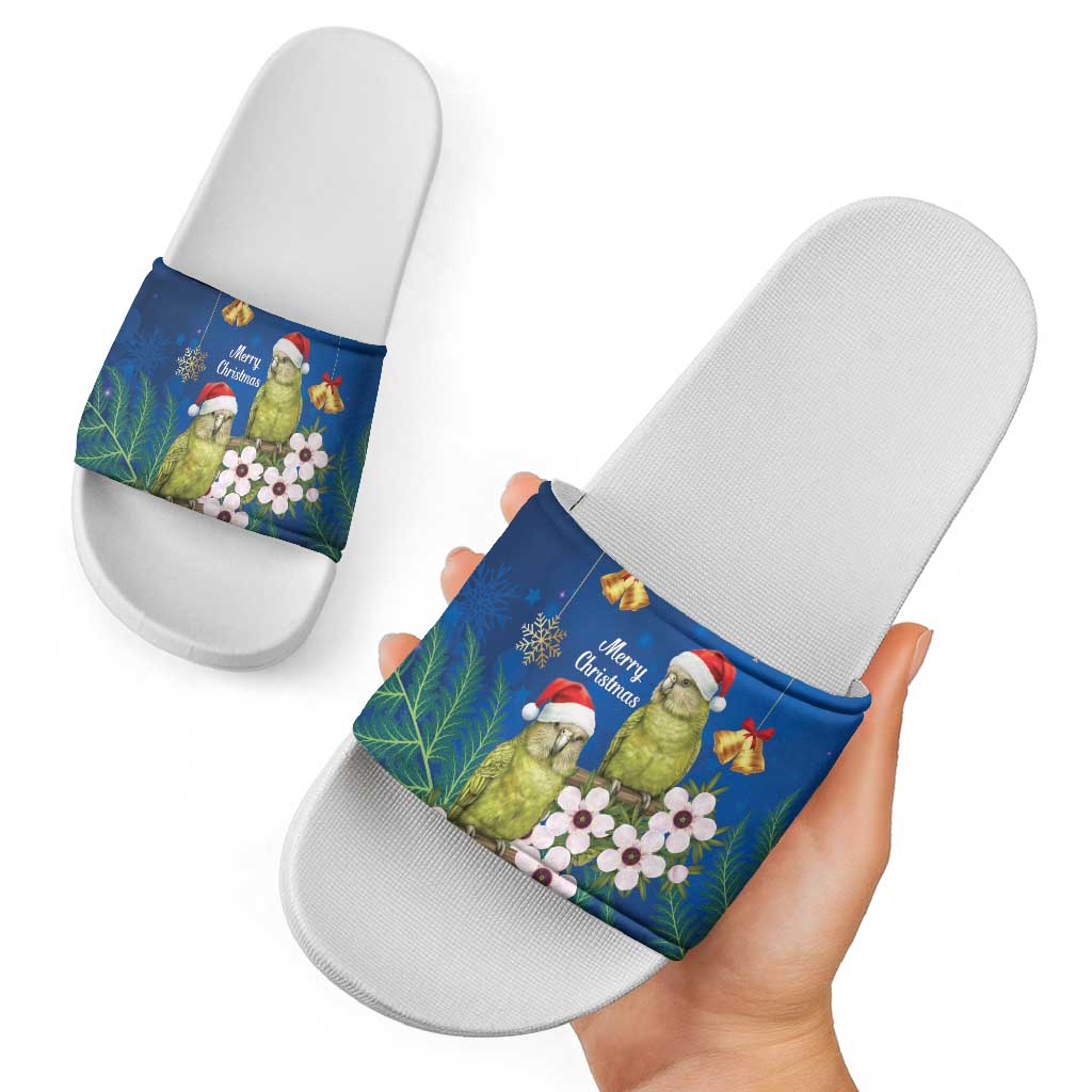 New Zealand Kakapo Christmas Slide Sandals Owl Parrot Santa Sliver Fern Manuka - Blue - Aussie Hoodie