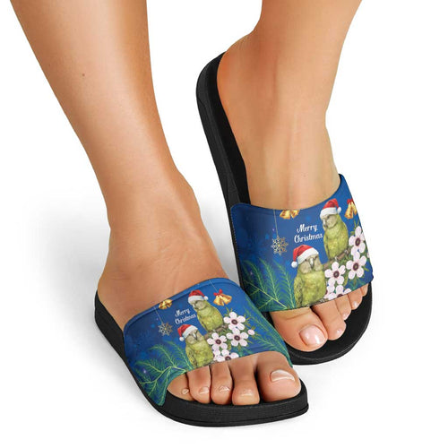 New Zealand Kakapo Christmas Slide Sandals Owl Parrot Santa Sliver Fern Manuka - Blue - Aussie Hoodie