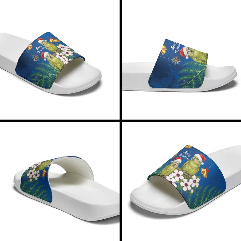 New Zealand Kakapo Christmas Slide Sandals Owl Parrot Santa Sliver Fern Manuka - Blue - Aussie Hoodie