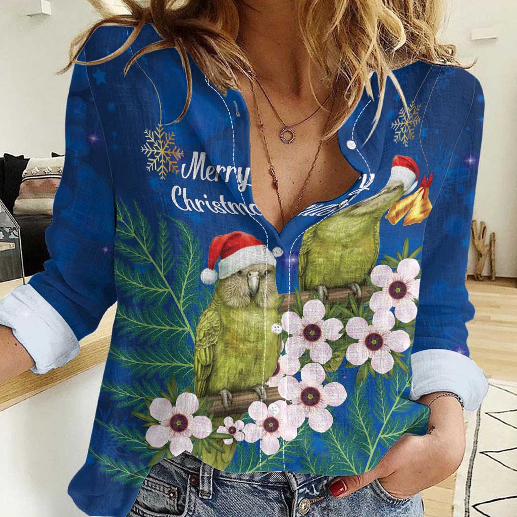 New Zealand Kakapo Christmas Women Casual Shirt Owl Parrot Santa Sliver Fern Manuka - Blue - Aussie Hoodie