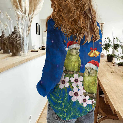 New Zealand Kakapo Christmas Women Casual Shirt Owl Parrot Santa Sliver Fern Manuka - Blue - Aussie Hoodie