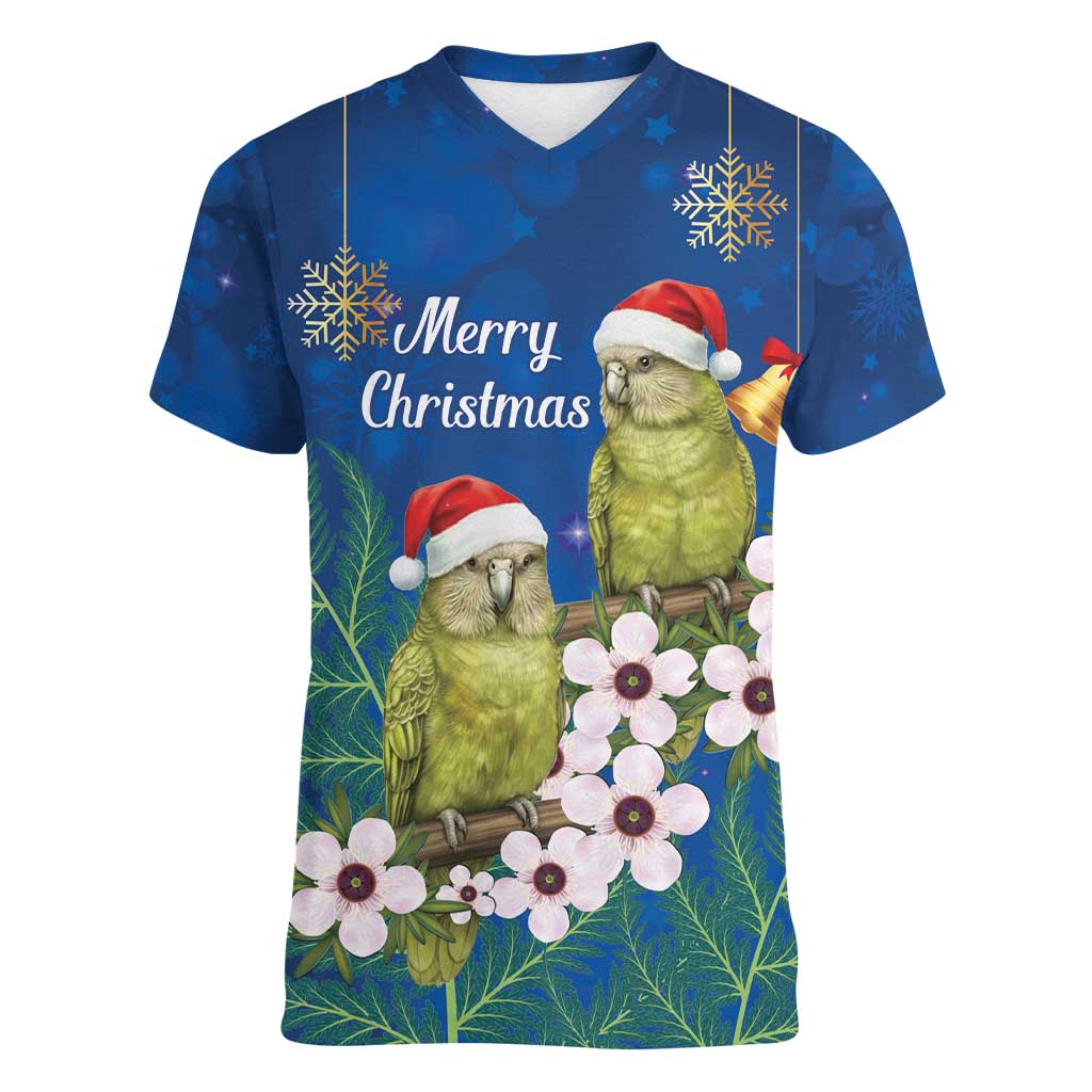 New Zealand Kakapo Christmas Women V-Neck T-Shirt Owl Parrot Santa Sliver Fern Manuka - Blue - Aussie Hoodie
