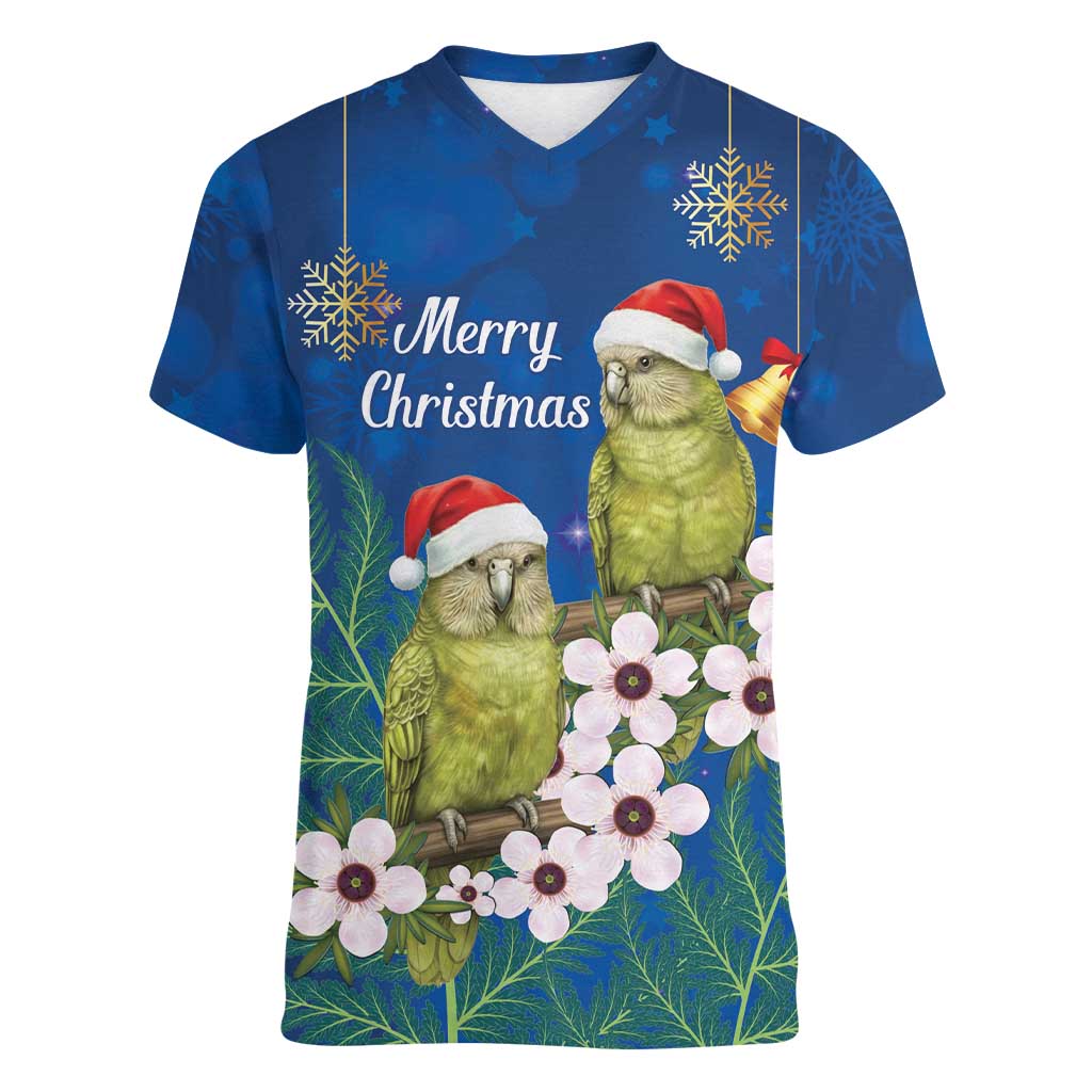 New Zealand Kakapo Christmas Women V-Neck T-Shirt Owl Parrot Santa Sliver Fern Manuka - Blue - Aussie Hoodie