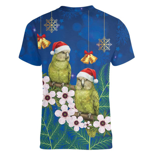 New Zealand Kakapo Christmas Women V-Neck T-Shirt Owl Parrot Santa Sliver Fern Manuka - Blue - Aussie Hoodie