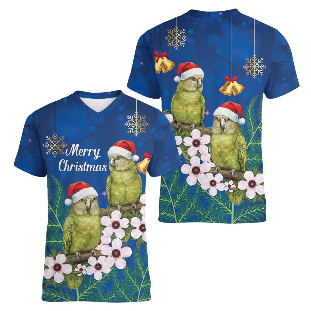 New Zealand Kakapo Christmas Women V-Neck T-Shirt Owl Parrot Santa Sliver Fern Manuka - Blue - Aussie Hoodie