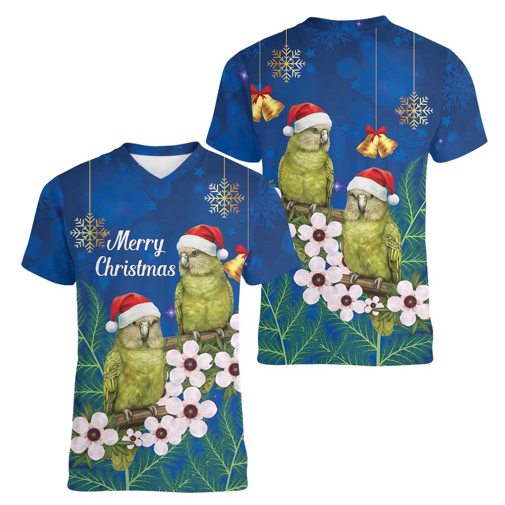 New Zealand Kakapo Christmas Women V-Neck T-Shirt Owl Parrot Santa Sliver Fern Manuka - Blue - Aussie Hoodie